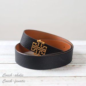 Tory Burch Black Leather Belt with Gold Logo